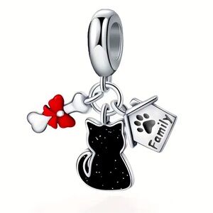silver cat kitty family home and bone charm NWT
